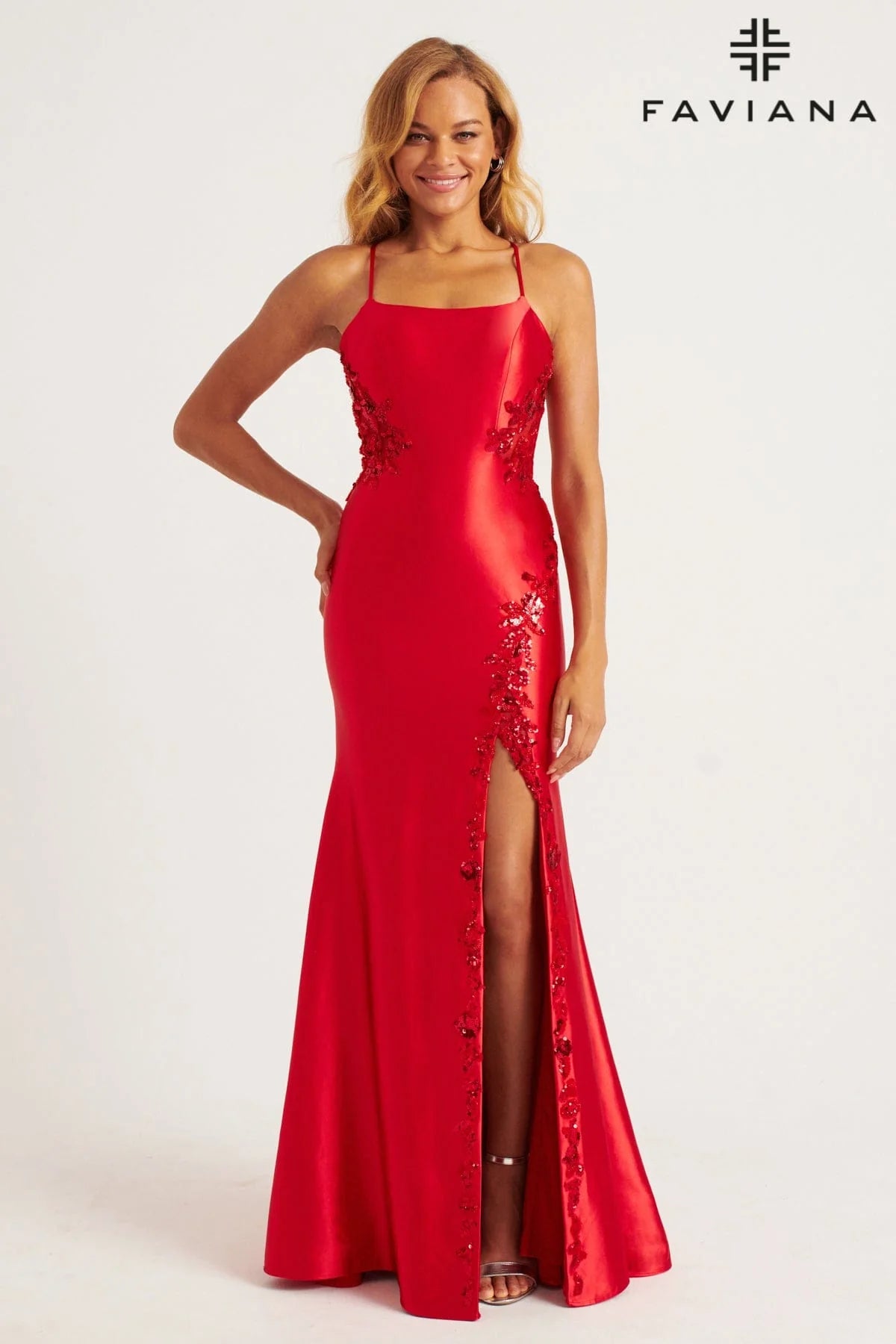 Red Stretch Satin Gown With Beaded Appliqué Paneling and Leg Slit | 11205