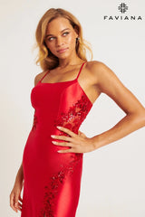 Red Stretch Satin Gown With Beaded Appliqué Paneling and Leg Slit | 11205