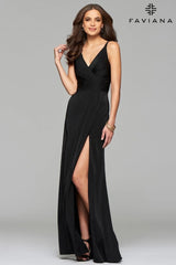 V Neck Long Dress With Wrap Front And Leg Slit