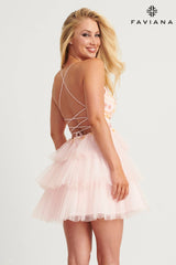 Pleated Layered Tulle Mini Dress With Floral Beaded Appliqué | 11125