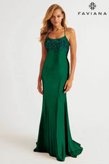 Dark Emerald Satin Scoop Neck Dress With Sequin Applique And Lace Up Back | E11201