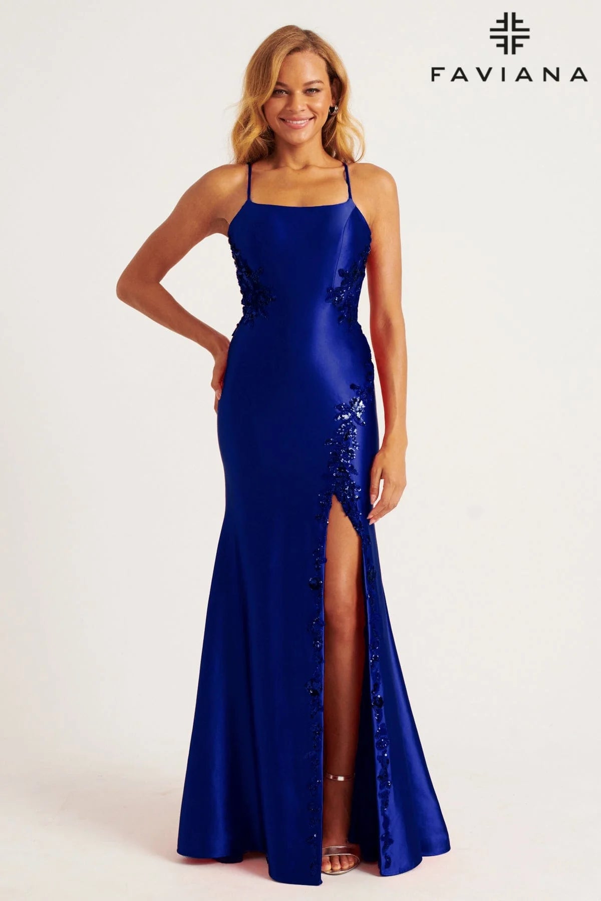 Navy Stretch Satin Gown With Beaded Appliqué Paneling and Leg Slit | 11205