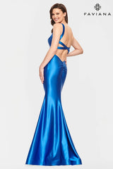 Satin Scoop Neck Dress With Strappy Open Back Detailing And Fit And Flare Skirt