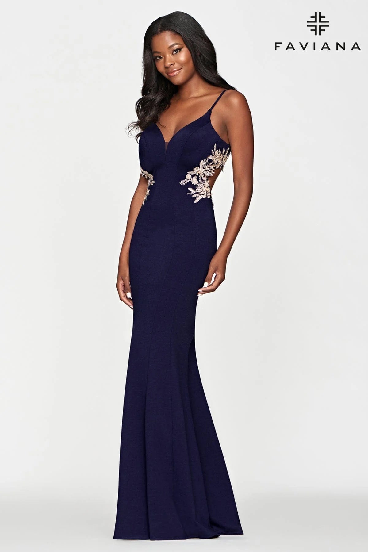 Jersey Long Dress With Beaded Lace Applique And Open Back