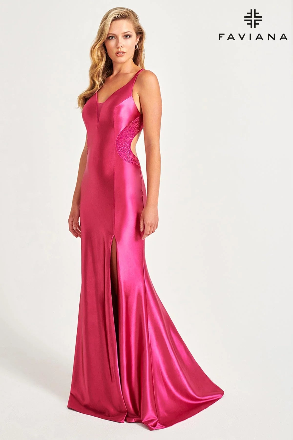 Satin Long Dress With Open Back And Rhinestone Embellishment | 11008