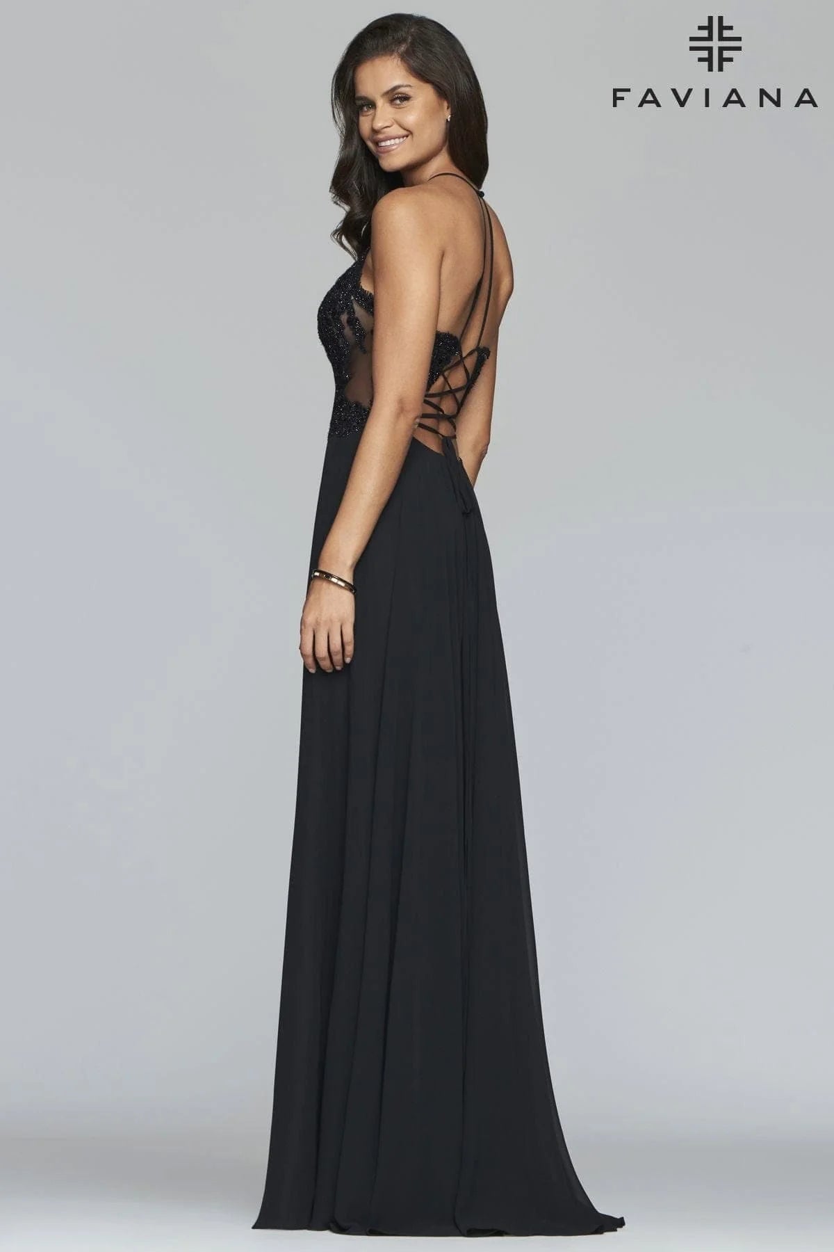 V Neck Long Chiffon Dress With Beaded Lace Applique Bodice