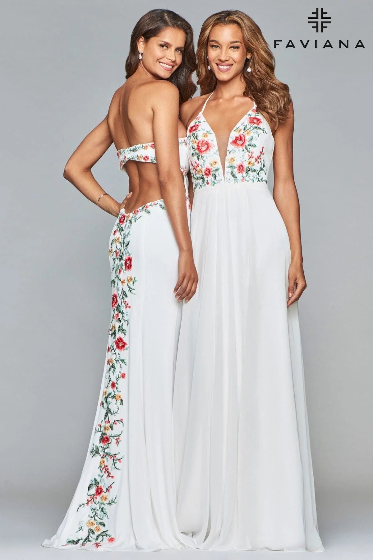 V Neck Long Chiffon Dress With Floral Embroidered Bodice