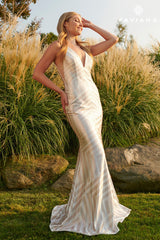 Ivory/Rose Gold Long Beaded V Neckline Dress With Deep V And Mesh Side Panels