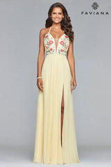 V Neck Long Chiffon Dress With Floral Embroidered Bodice