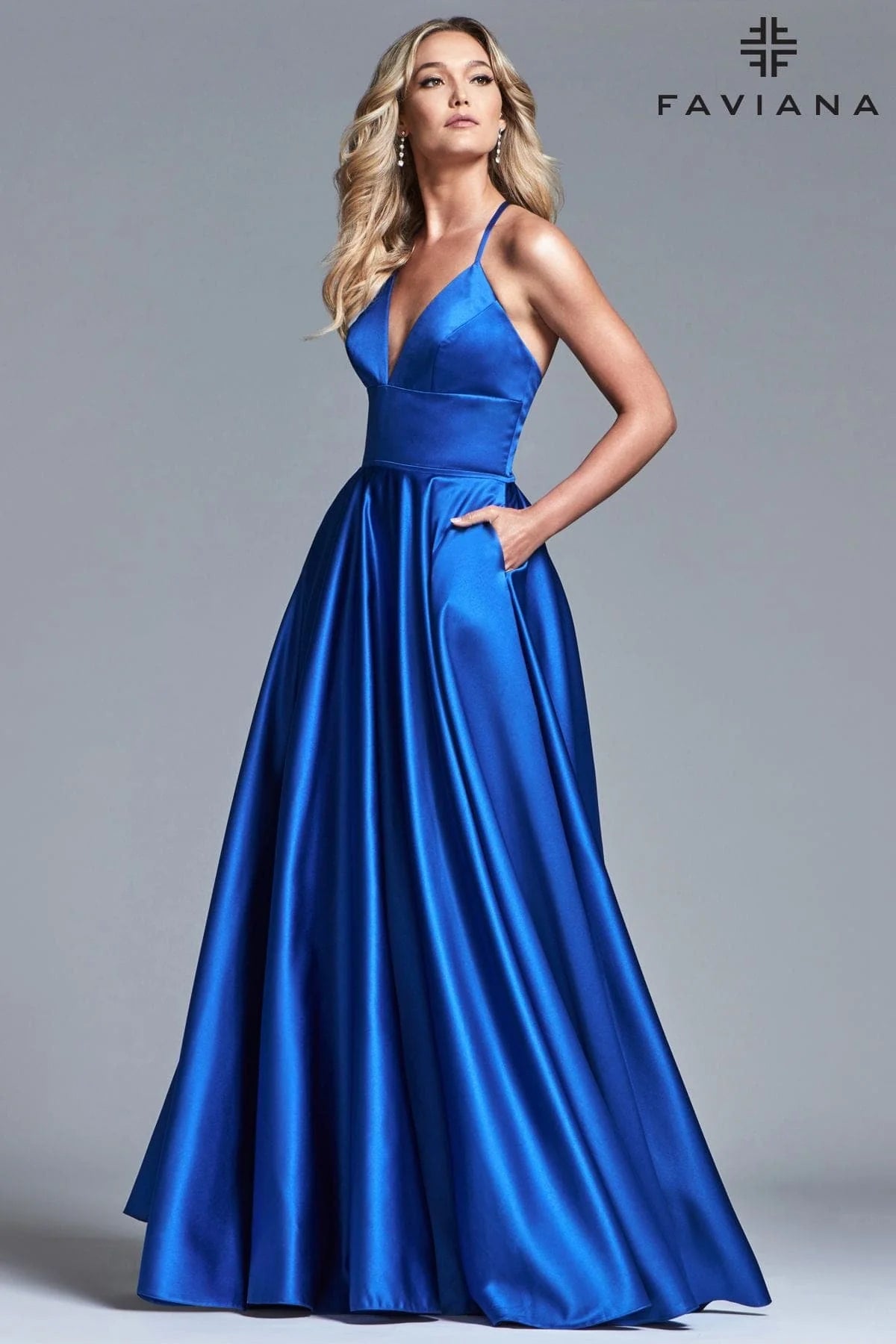 Satin Ballgown Dress With Lace Up Back And V Neck | S10252