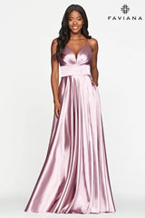 Long Matte Satin V-Neck Lace-Up Gown