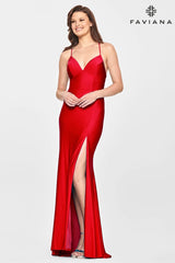 Red V Neckline Prom Dress With Stretch Fabric And Corset Back | S10826