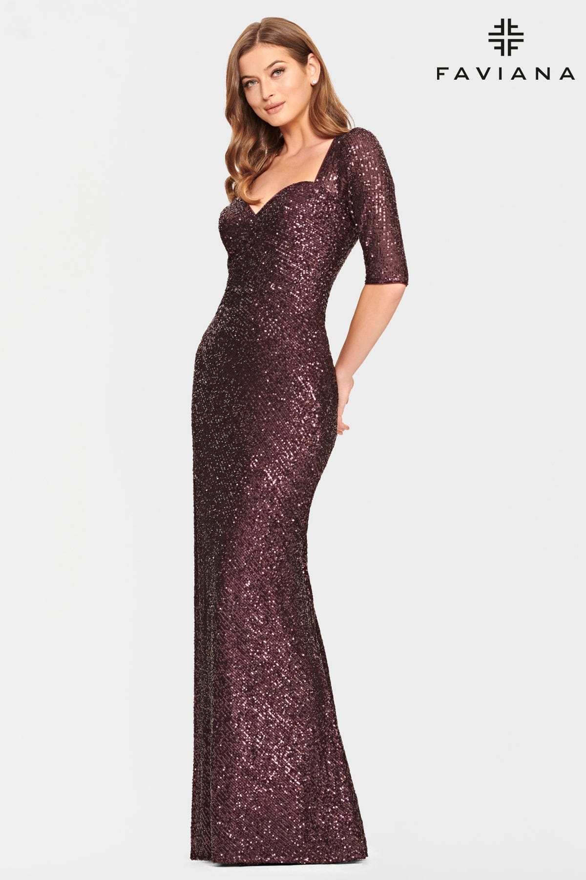 Sequin Sweetheart Long Dress With Mid Length Sleeves In Extended Sizes