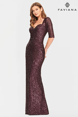 Sequin Sweetheart Long Dress With Mid Length Sleeves In Extended Sizes