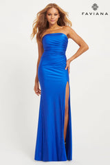 Royal Blue Strapless Tight Long Dress With Gathering At The Sides | E11015