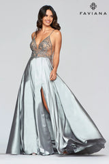 Long Charmeuse Dress With Applique And Sheer Cut Outs