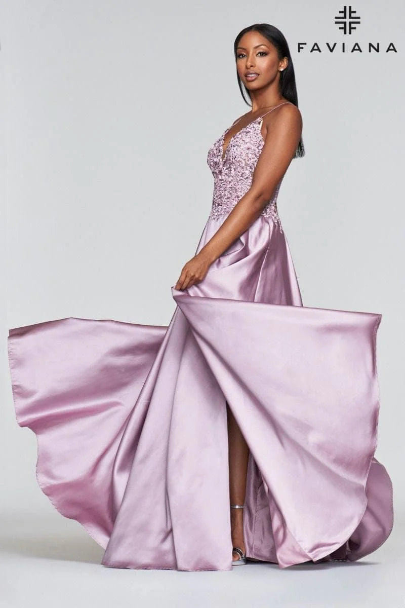 Long Satin Dress With Ballgown Skirt And Beaded Applique