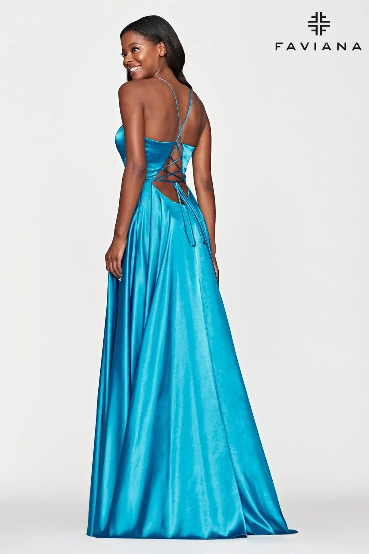 Teal Silky Charmeuse Lace Up Back Prom Dress With Side Pockets