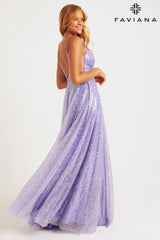 Lilac Shimmery Sequin A-Line Gown With Crossover V-Neck Detail | 11203