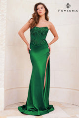 Green Strapless Satin Corset Dress With Exposed Boning And Beading | 11209