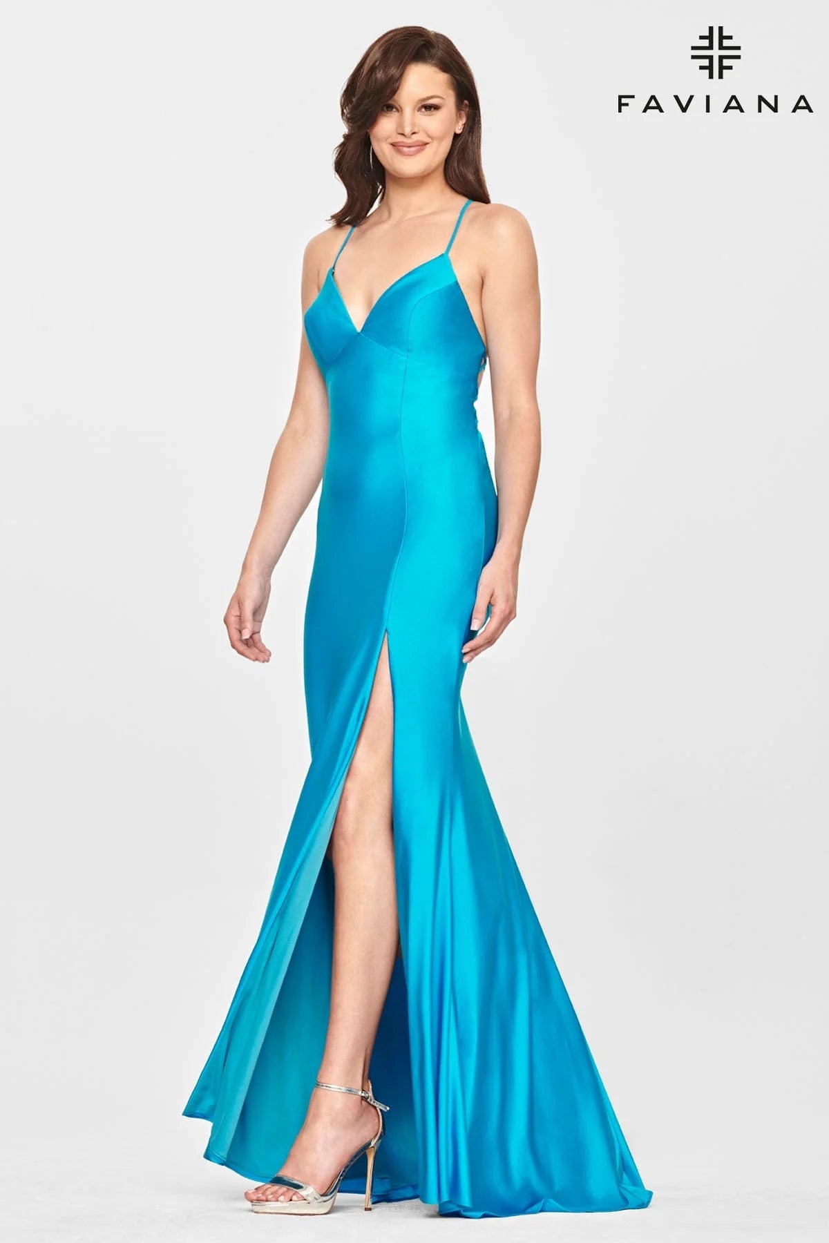 Sea Blue V Neckline Prom Dress With Stretch Fabric And Corset Back | S10826