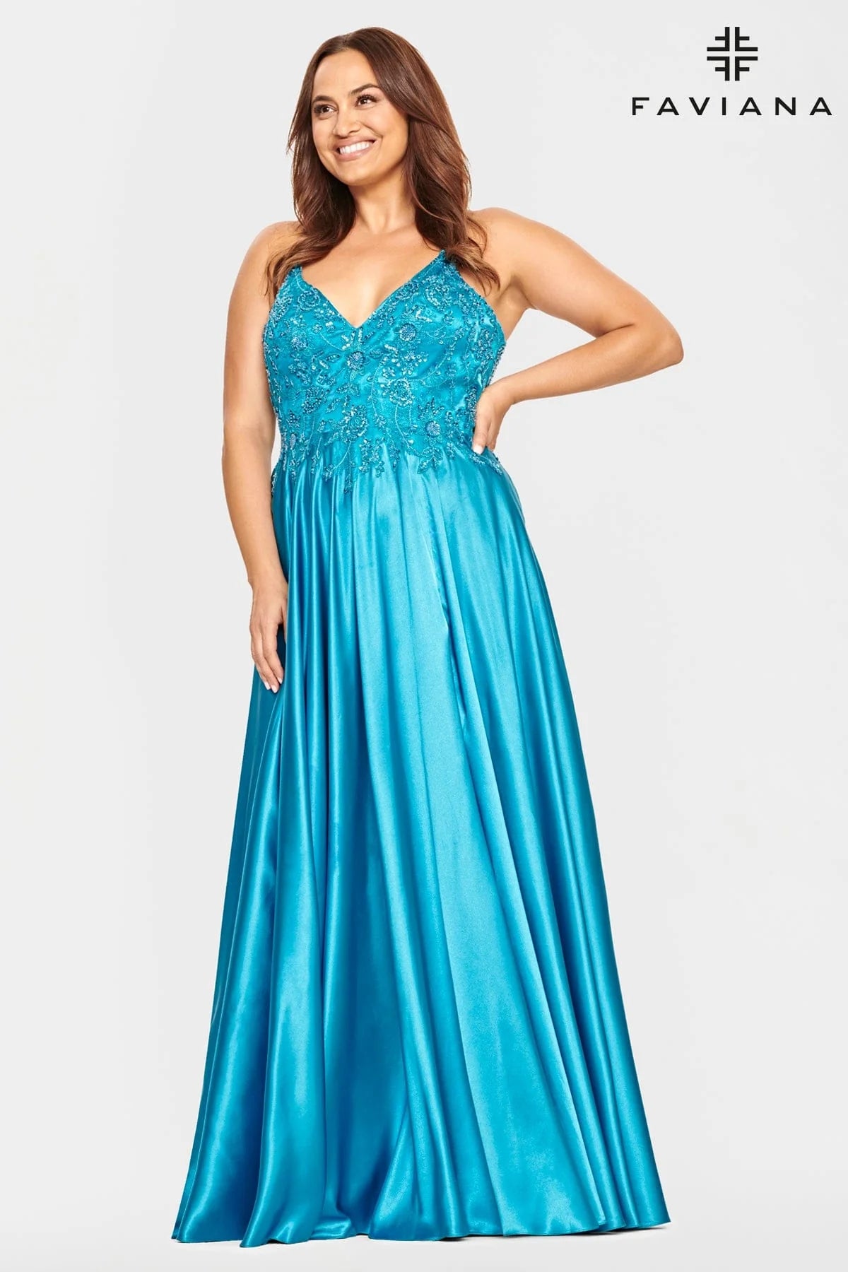 Plus Size V Neck Prom Dress With Flowy Skirt And Beaded Bodice | 9533