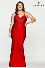 Plus Size V Neckline Prom Dress With Rhinestone Beading