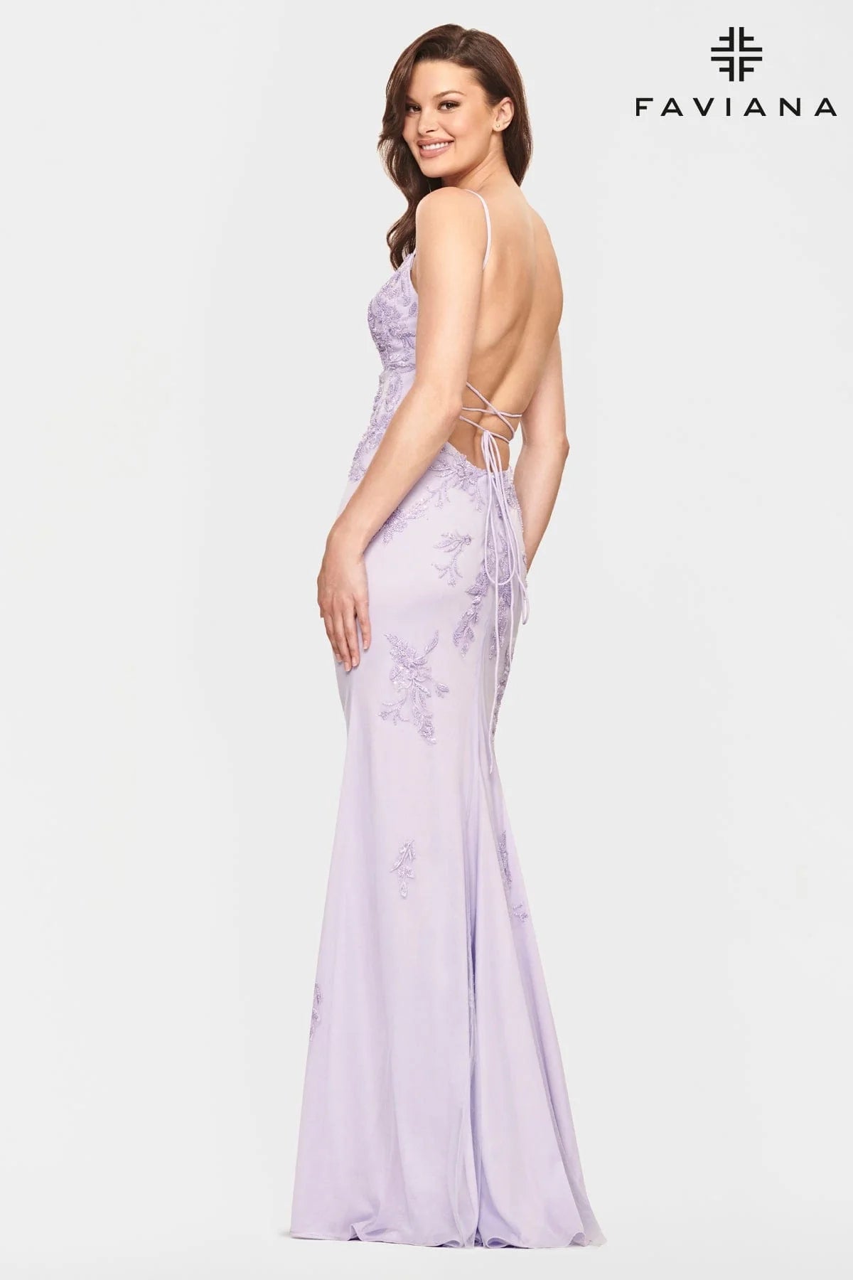 Lilac Beaded Lace Long V Neck Dress With Open Back | S10633