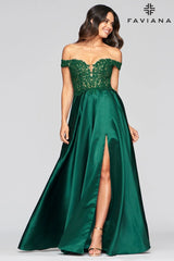 Off The Shoulder Ballgown Dress With Satin Skirt And Lace Bodice