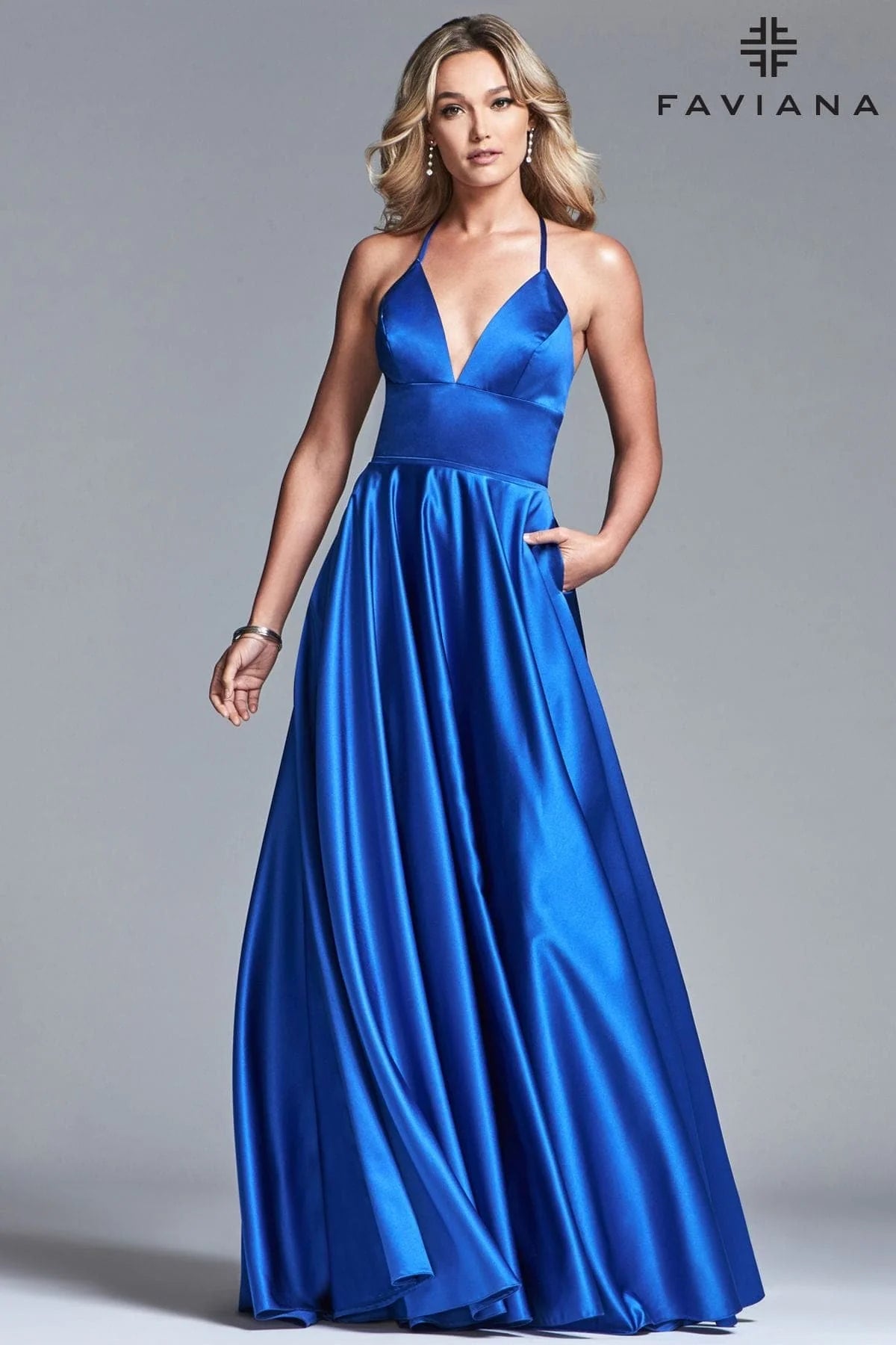 Satin Ballgown Dress With Lace Up Back And V Neck | S10252