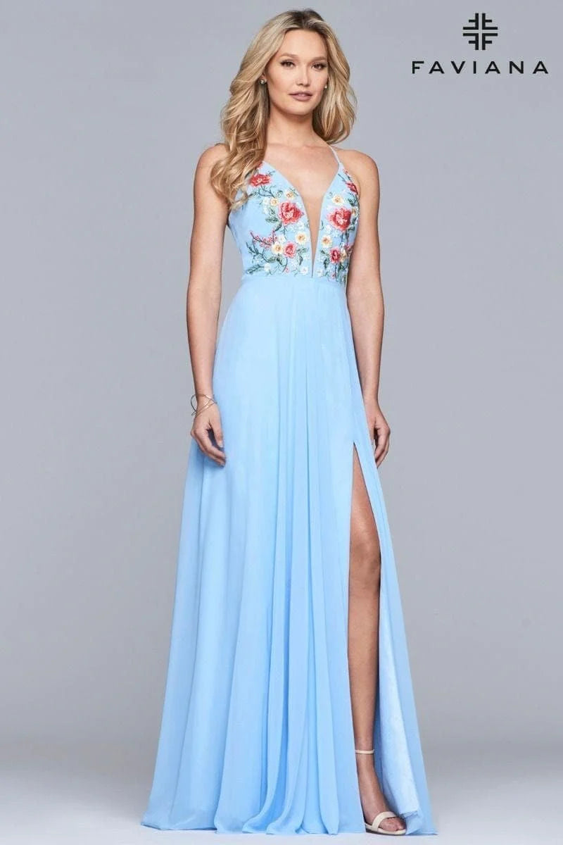 V Neck Long Chiffon Dress With Floral Embroidered Bodice