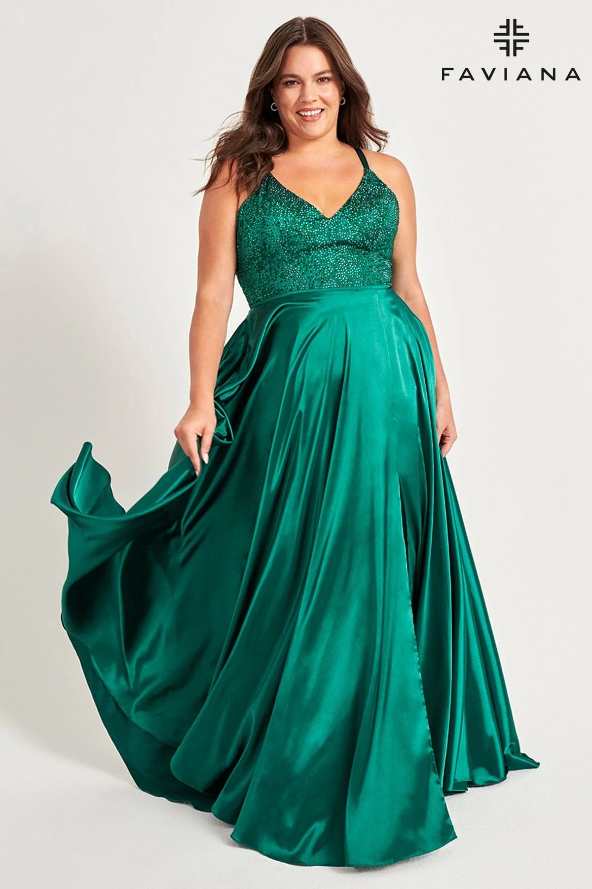 V Neck Long Charmeuse Dress With Beaded Bodice