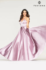 Deep Mauve Satin Ballgown Dress With Lace Up Back And V Neck | S10252