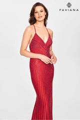 Ruby Long V Neck Dress With Beading And Open Back | S10804