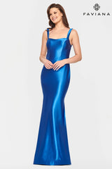 Satin Scoop Neck Dress With Strappy Open Back Detailing And Fit And Flare Skirt