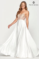 Long Charmeuse Dress With Corset Bodice And Scoop Neckline