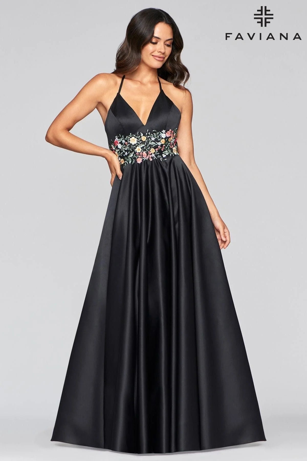 Long Satin Ball Gown With Floral Lace Embroidery