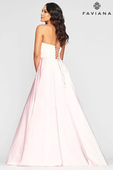 Long Strapless Satin Ball Gown Dress With Deep V Neck