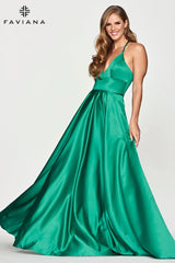 Satin Ballgown Dress With Lace Up Back And V Neck | S10252