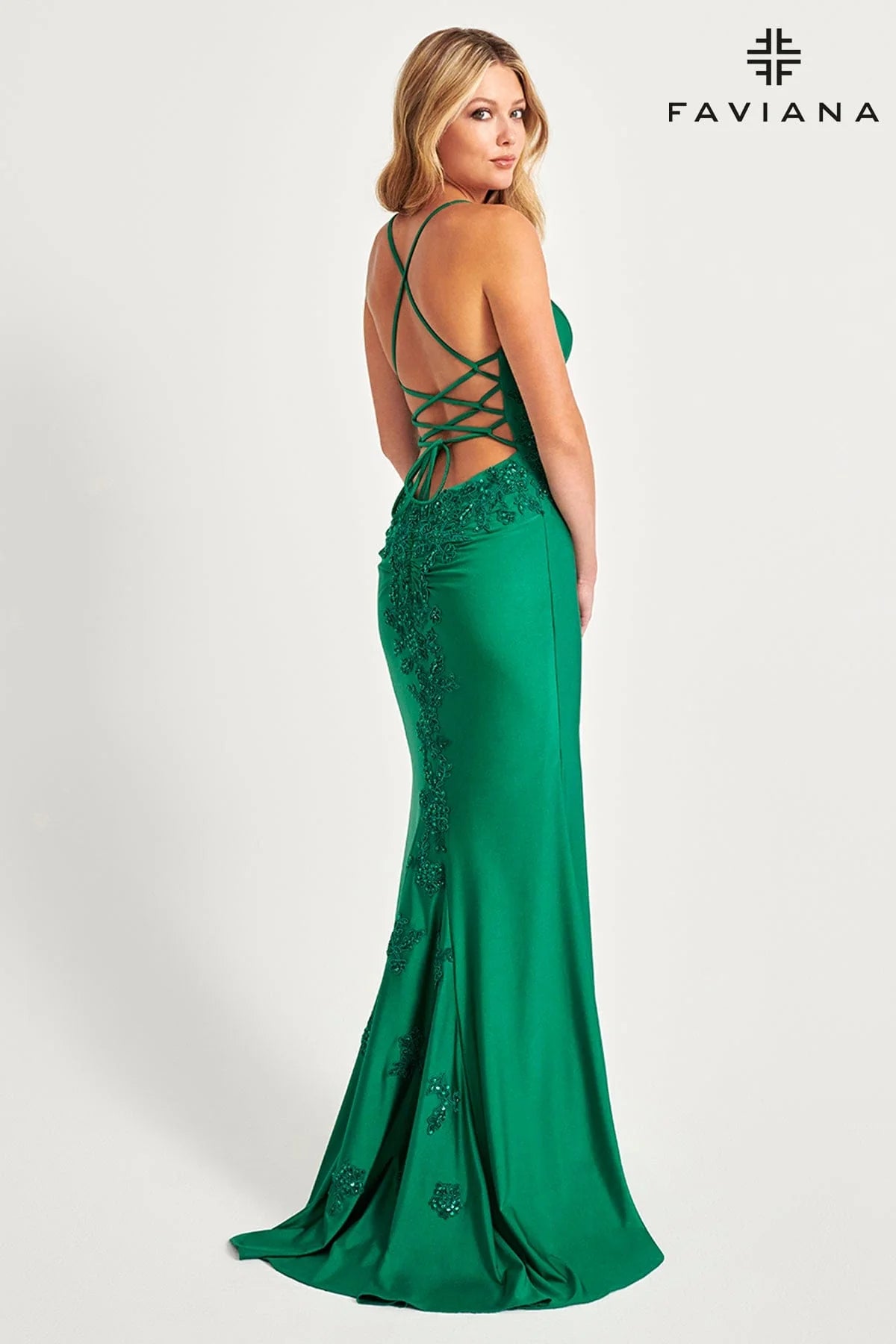 Dark Emerald V-Neck Lace Up Back Long Dress With Beaded Lace At Waist And Skirt | 11020