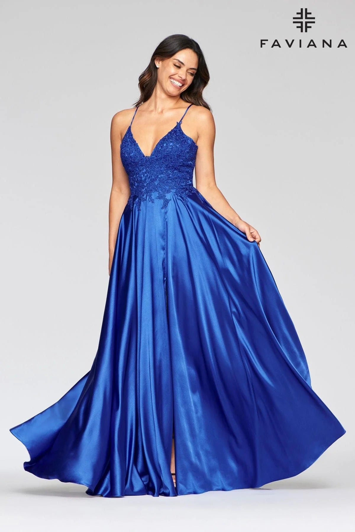 Royal Blue Long Flowy Prom Dress With Lace Bustier And Corset Back