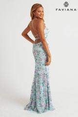 Light Blue V-Neck Multi-Colored Floral Beaded Appliqué Long Dress With Lace-Up Back | 11263