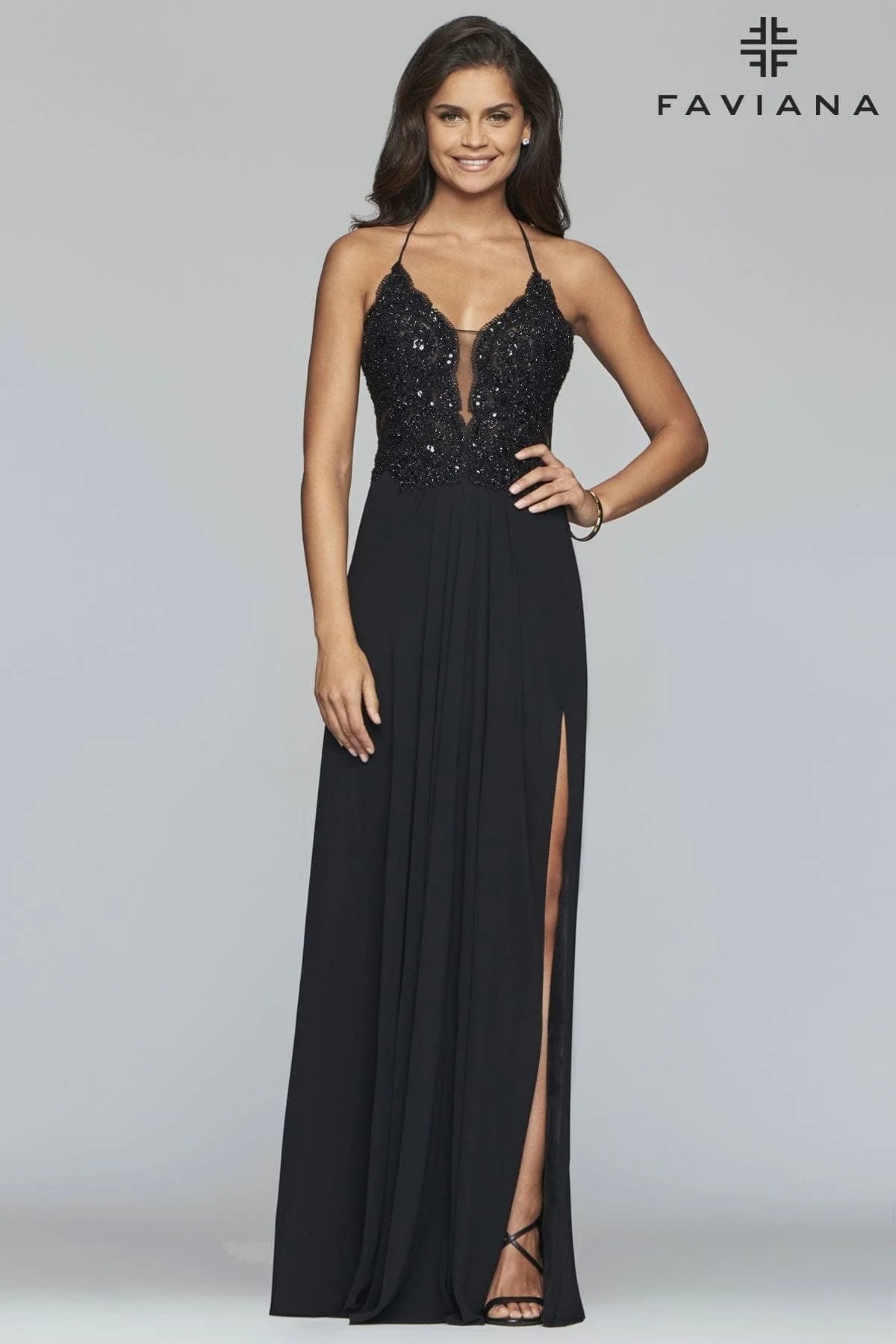 V Neck Long Chiffon Dress With Beaded Lace Applique Bodice