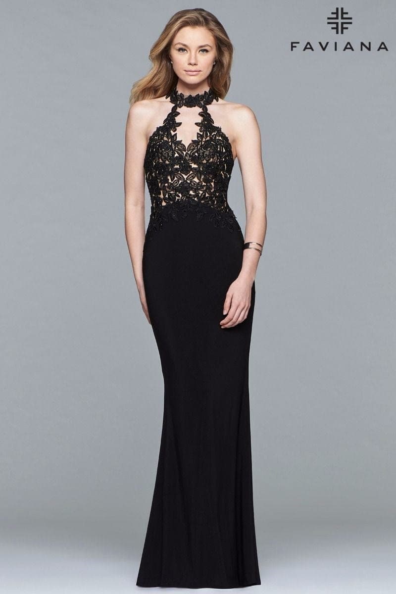 Jersey Halter Evening Dress With Lace Applique Bodice And Choker