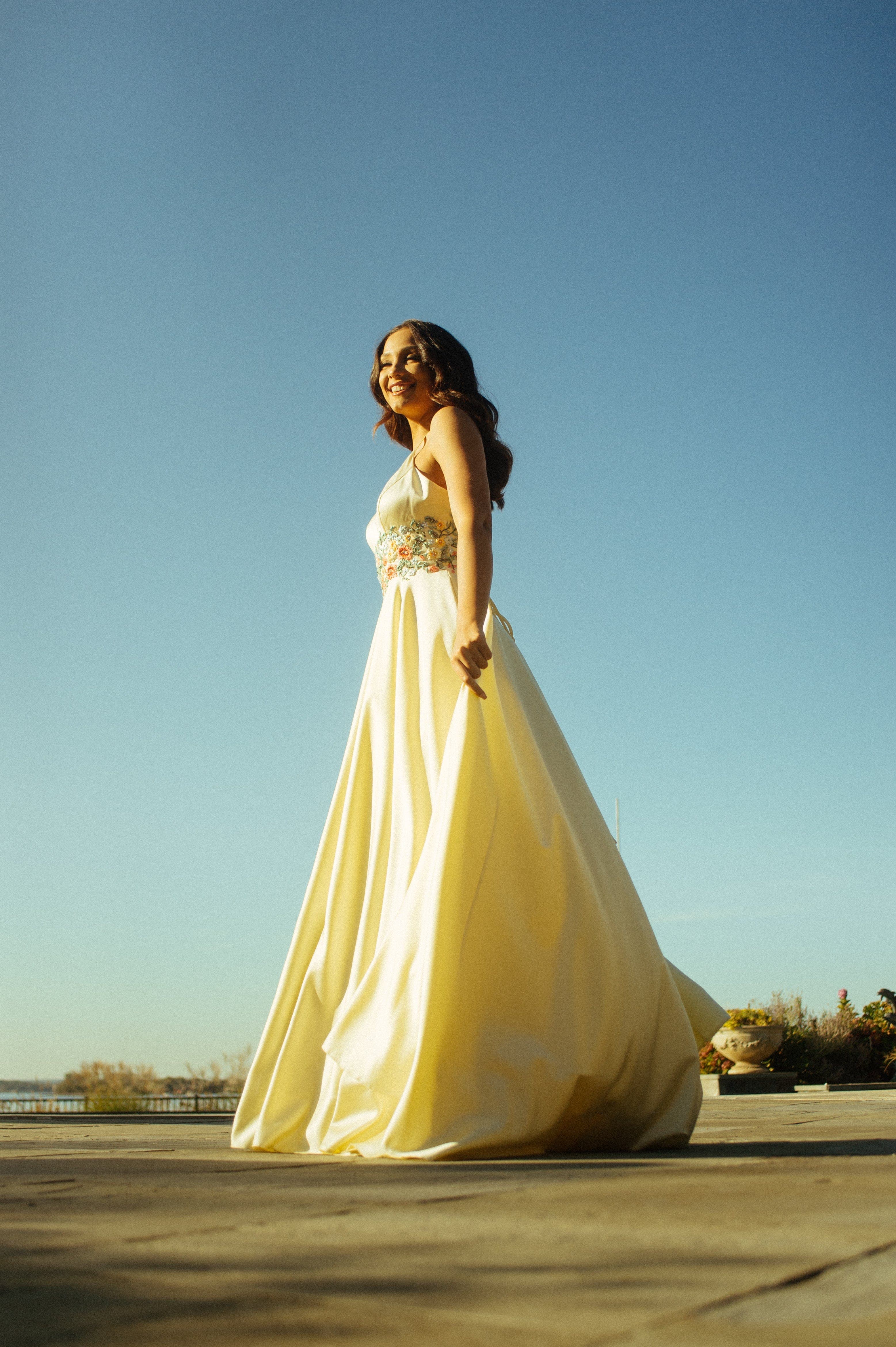 Long Satin Ball Gown With Floral Lace Embroidery