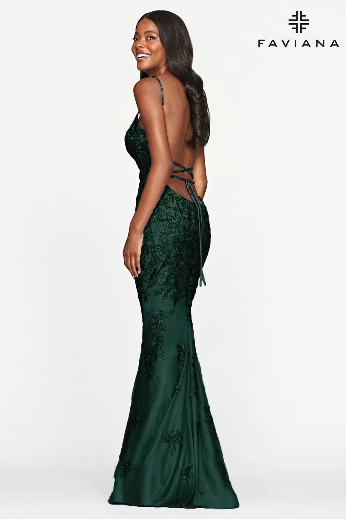 Lace Long Dress With V Neck And Lace Up Open Back | S10508