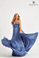 Steel Blue Long Charmeuse Dress With Beaded Corset And Flowy Skirt