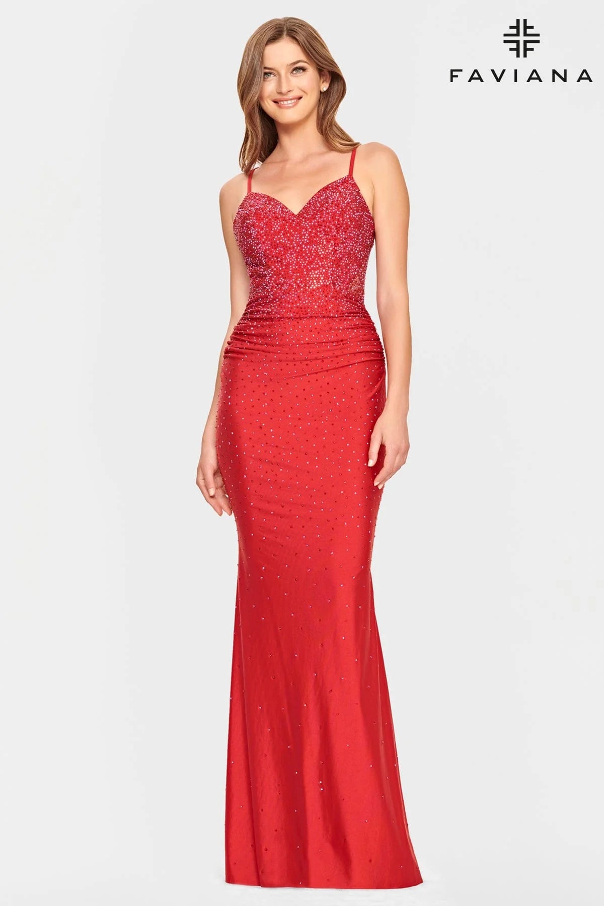 V Neck Dress With Corset Back And Rhinestone Beading | S10800