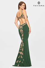 Jersey Long Dress With Beaded Lace Applique And Open Back