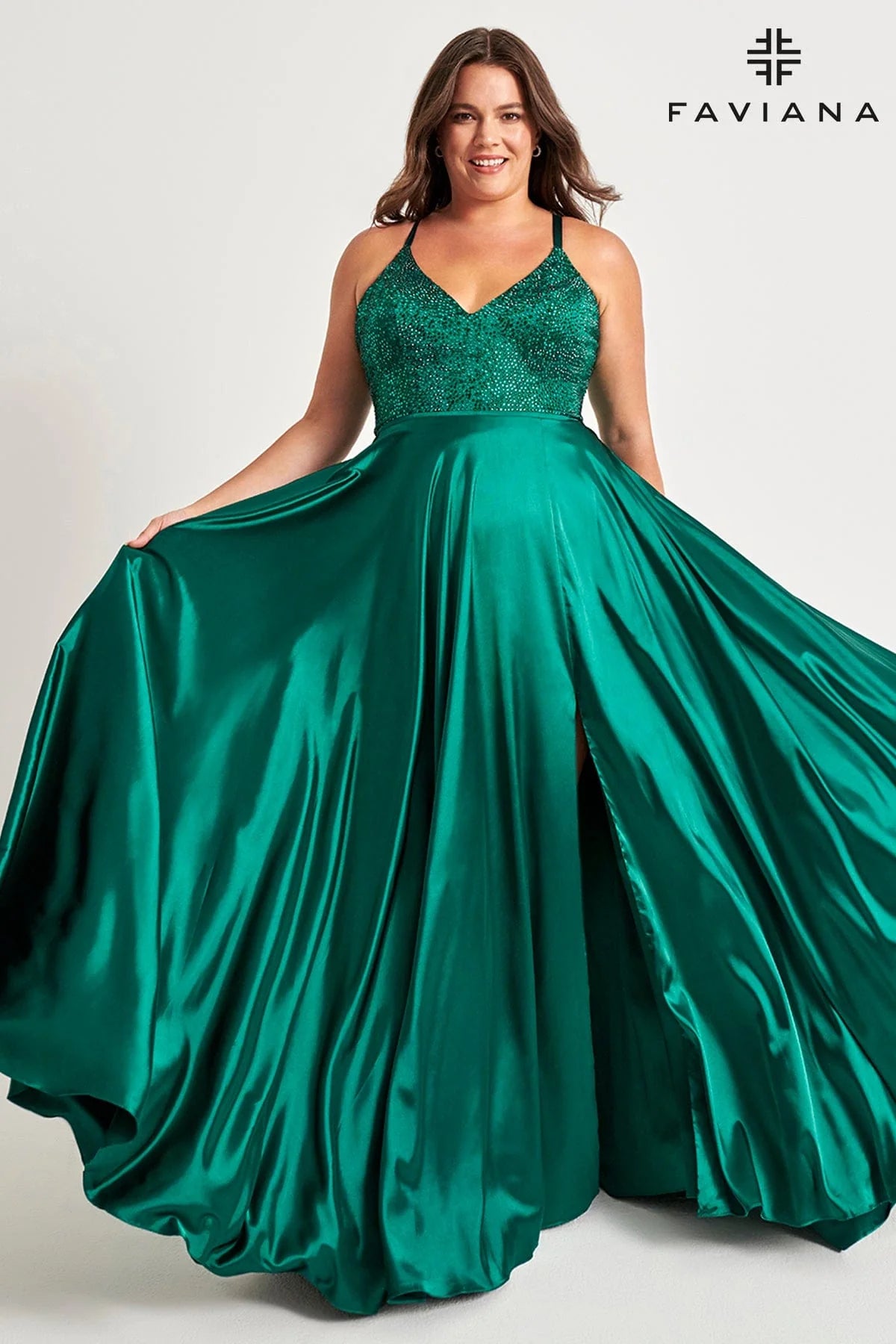 Deep Green V Neck Long Charmeuse Dress With Beaded Bodice